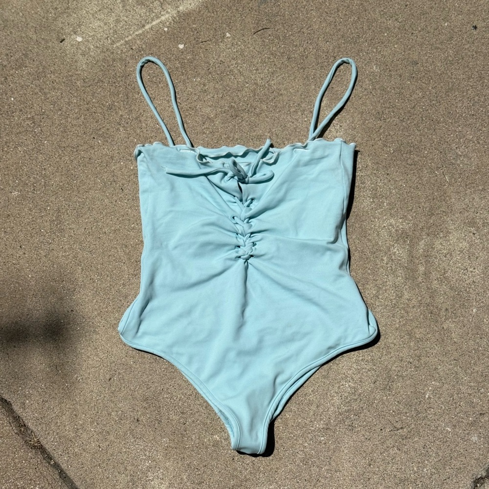 🩵 Light Blue Handmade Lace-Up Swimsuit – Babes in Bathers